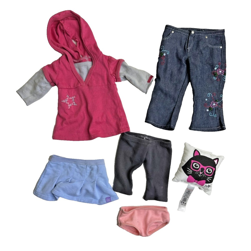 American Girl Doll clothes cat pillow Jeans Hoodie Undies Skort 6 pc set